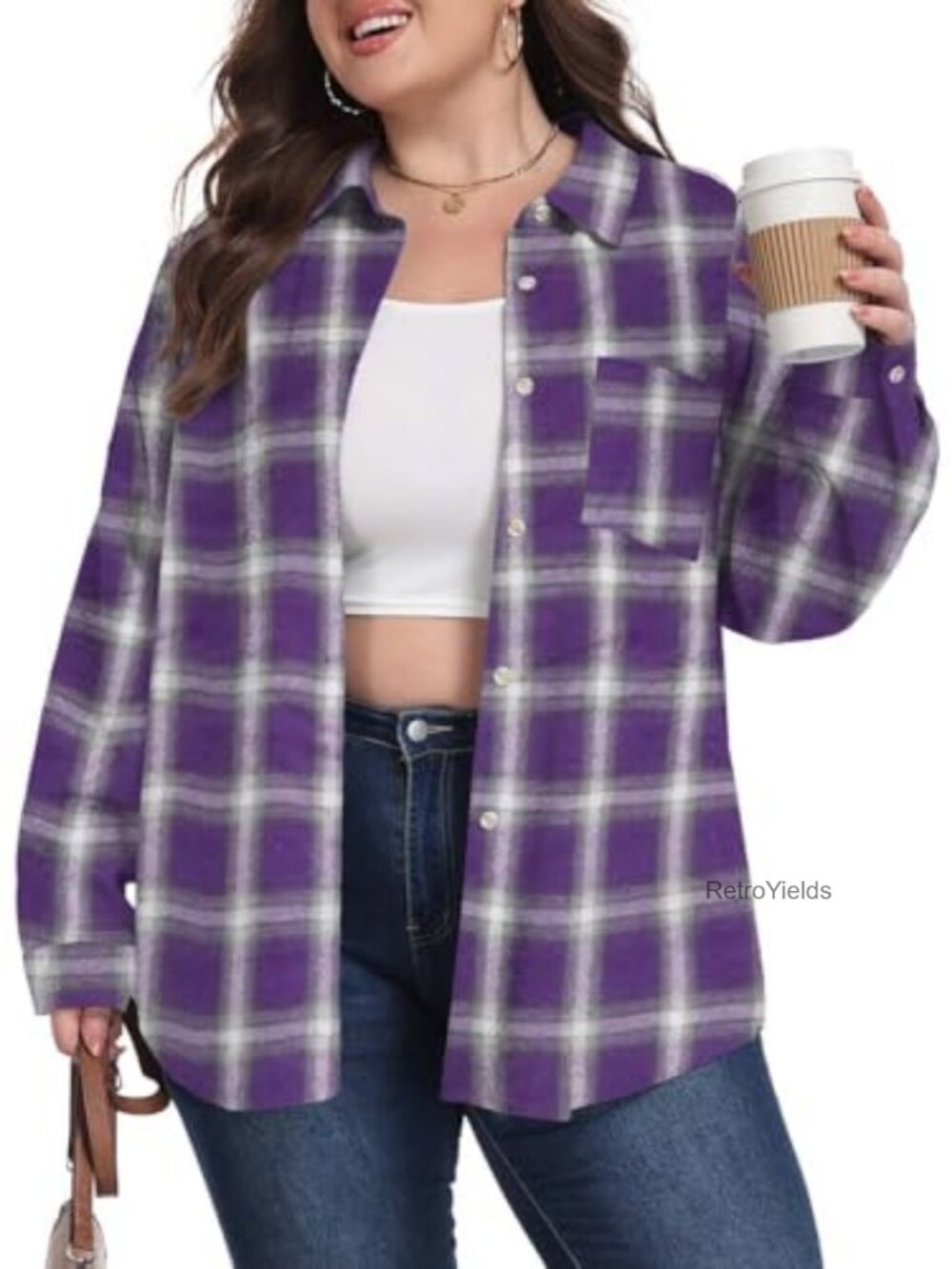 Plus Size Plaid Flannel Button Down Shirt Women 60% Cotton Oversized Long